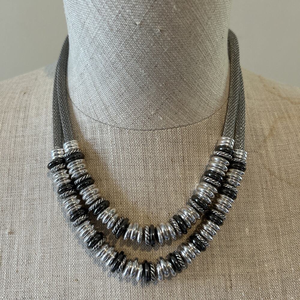 Dana Buchman Multi Strand Layered Necklace Silver Tone Crystal Accents